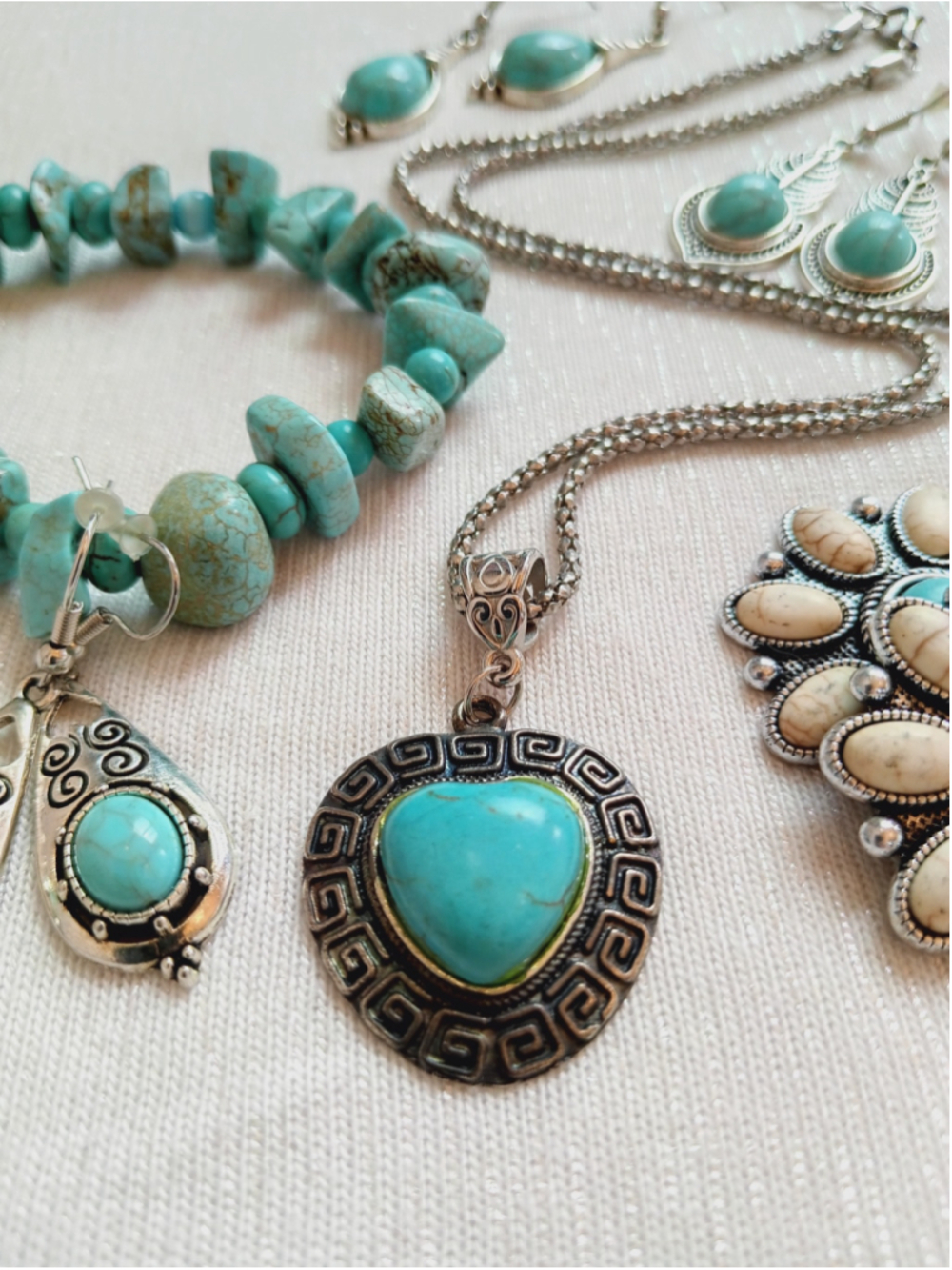 Western Stone Jewelry Collection Turquoise Silver Heart Flower Dyed agate Boho - Picture 3 of 8